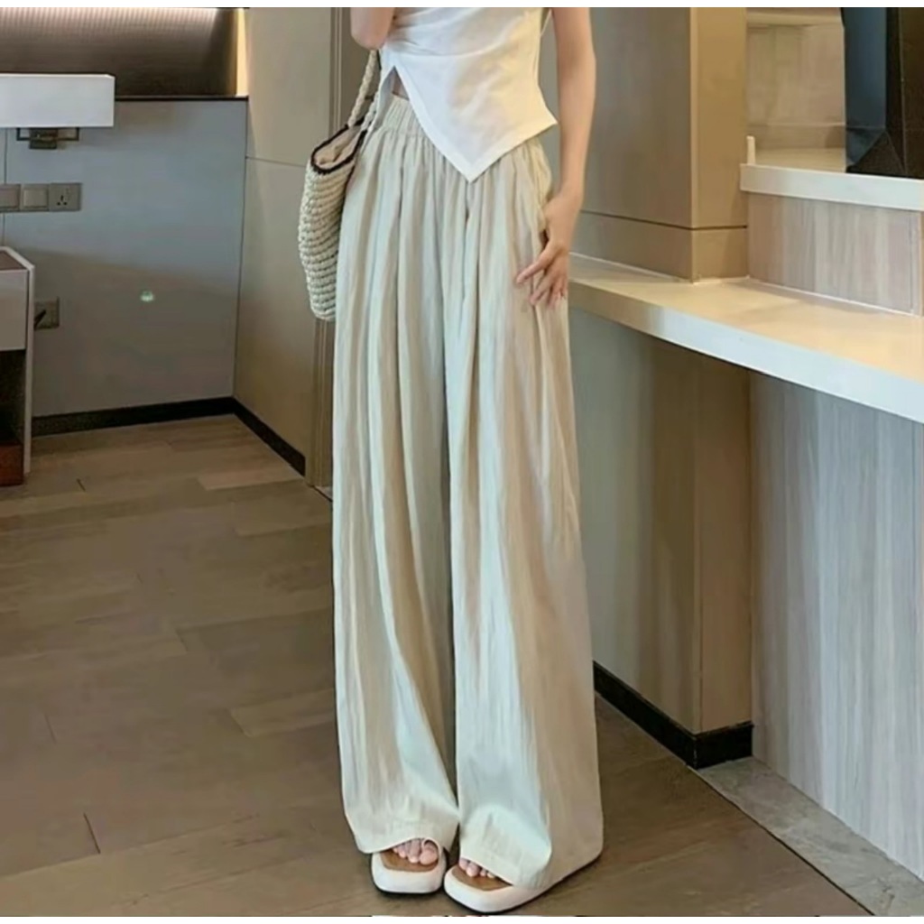 Quần ống rộng nữ bigsize quần dài suông cạp chun cao vải đũi dài 98-102cm quần sang chảnh MS903