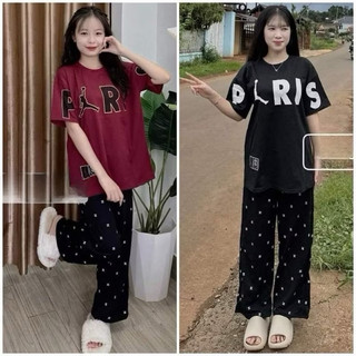 [ Rẻ vô địch ] Set bộ áo thun paris chất su mix quần xuông ống rộng in full