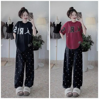 [ Rẻ vô địch ] Set bộ áo thun paris chất su mix quần xuông ống rộng in full