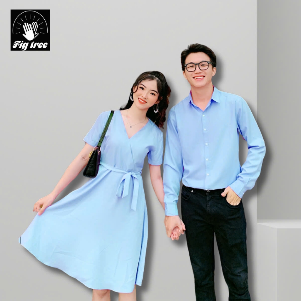 Set Sơ Mi Váy Đôi Fig Tree Màu Xanh Nhạt Phối Cực Xinh Couple Đi Tiệc, Xuống Phố, Hàng thiết kế