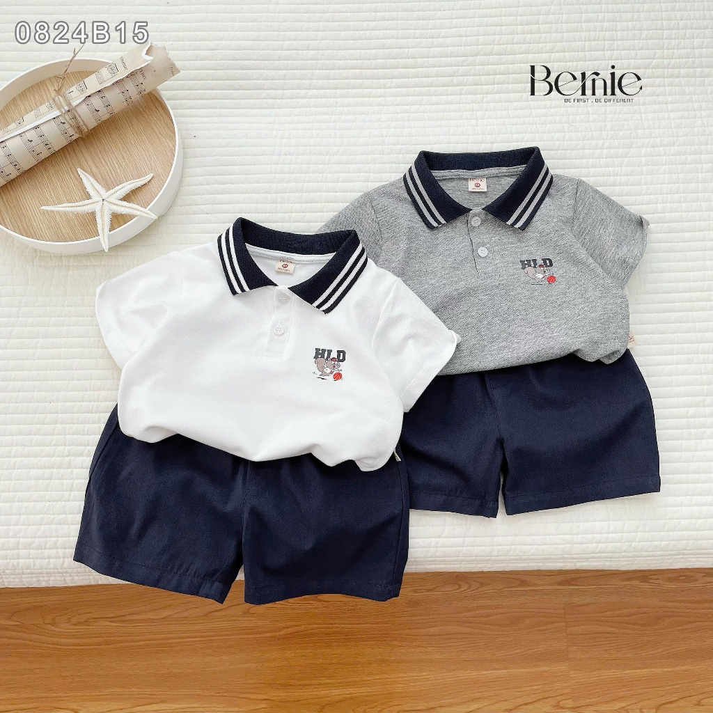 Bộ polo cộc tay bé trai in hình, set polo cộc tay bé trai cổ polo phối quần kaki mềm