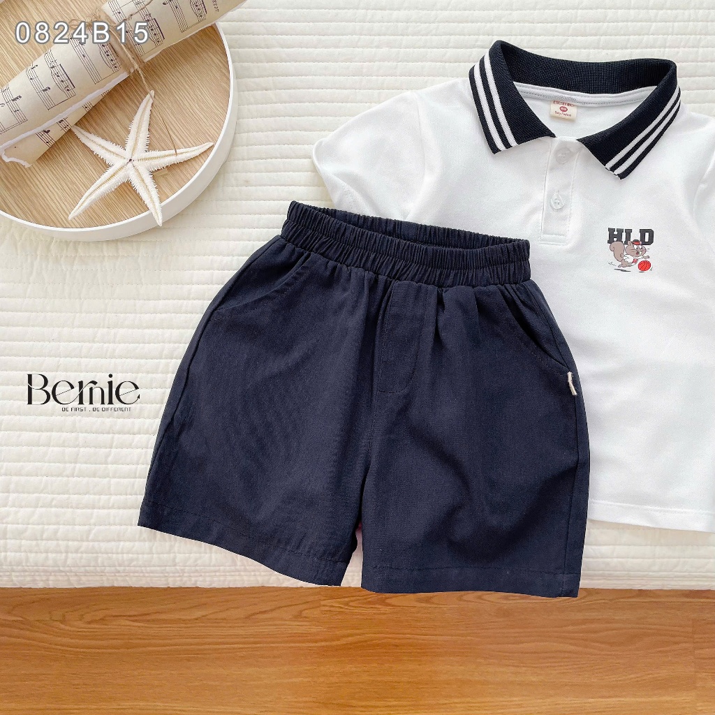 Bộ polo cộc tay bé trai in hình, set polo cộc tay bé trai cổ polo phối quần kaki mềm