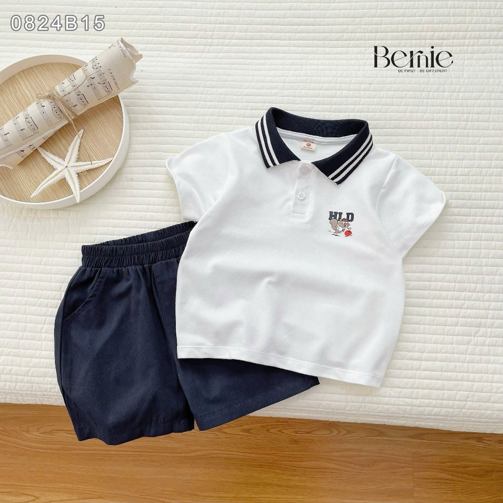 Bộ polo cộc tay bé trai in hình, set polo cộc tay bé trai cổ polo phối quần kaki mềm