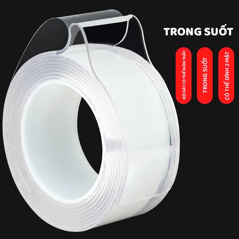 Băng Dính 2 Mặt Siêu Dính Băng Keo Nano Trong Suốt Nhiều Kích Cỡ Dán Tường Dính Mọi Bề Mặt Tiện Lợi