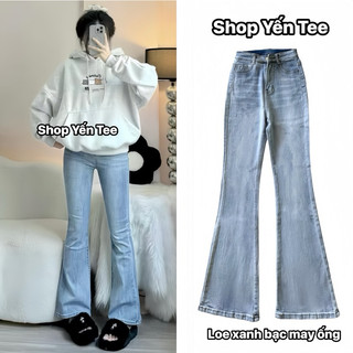 Quần jeans loe xanh ánh bạc nhẹ cạp cao 1 cúc Yến Tee , from loe nhẹ dễ mặc đi học #1024