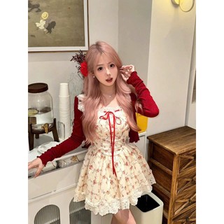Đầm bèo chất xốp hoa đỏ có mút viền ren tay cánh tiên dây cột nơ váy phồng xòe kèm khoác ngoài siêu đáng yêu