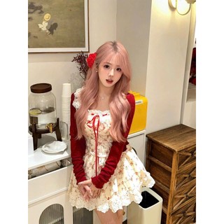 Đầm bèo chất xốp hoa đỏ có mút viền ren tay cánh tiên dây cột nơ váy phồng xòe kèm khoác ngoài siêu đáng yêu