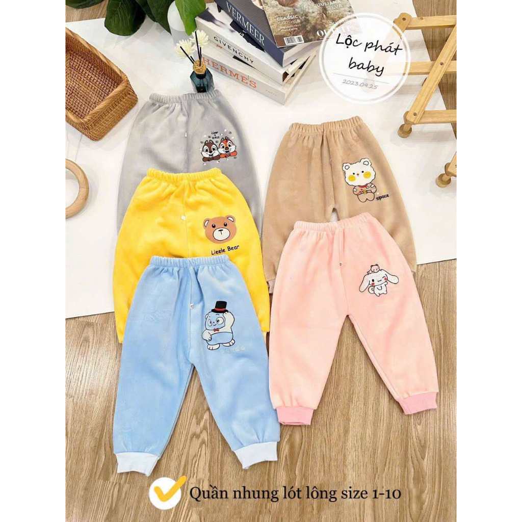 Combo 3-5 quần nhung lót lông siêu mềm mịn hình đáng yêu cho bé từ 3-13kg