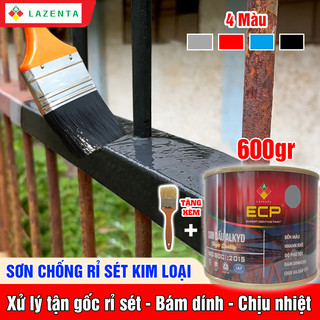 Sơn Chống Rỉ Kim Loại ECP Lazenta 600ml - Chống Rỉ Sét Hiệu Quả Trên Sắt Thép, Mái tôn, Cổng, Gầm Xe - TẶNG KÈM CHỔI