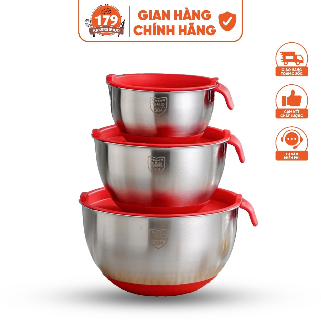 Thau inox 304 đế silicon kèm nắp silicon đỏ có tay cầm nhào bột đánh ...