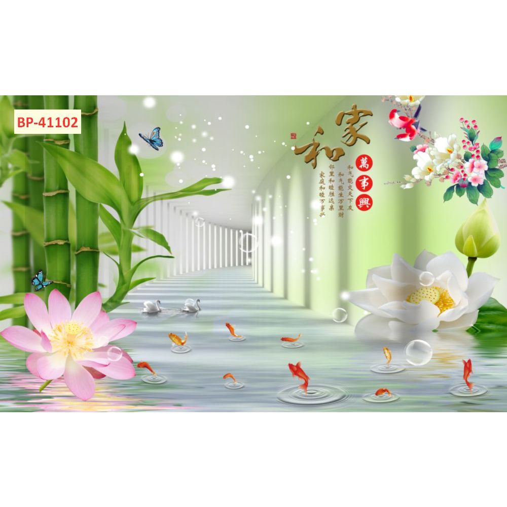 Tranh lụa 3D dán tường phong thủy cá chép hoa sen, cửu ngư quần hội