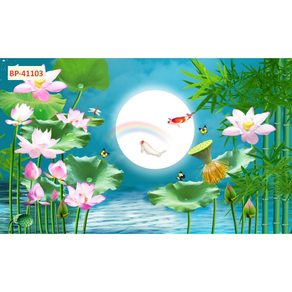 Tranh lụa 3D dán tường phong thủy cá chép hoa sen, cửu ngư quần hội