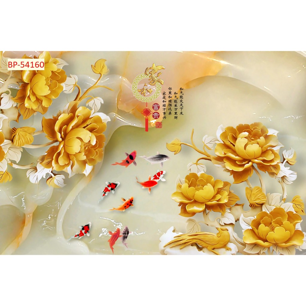 Mẫu tranh dán tường lụa 3D cao cấp chủ đề cá chép hoa sen