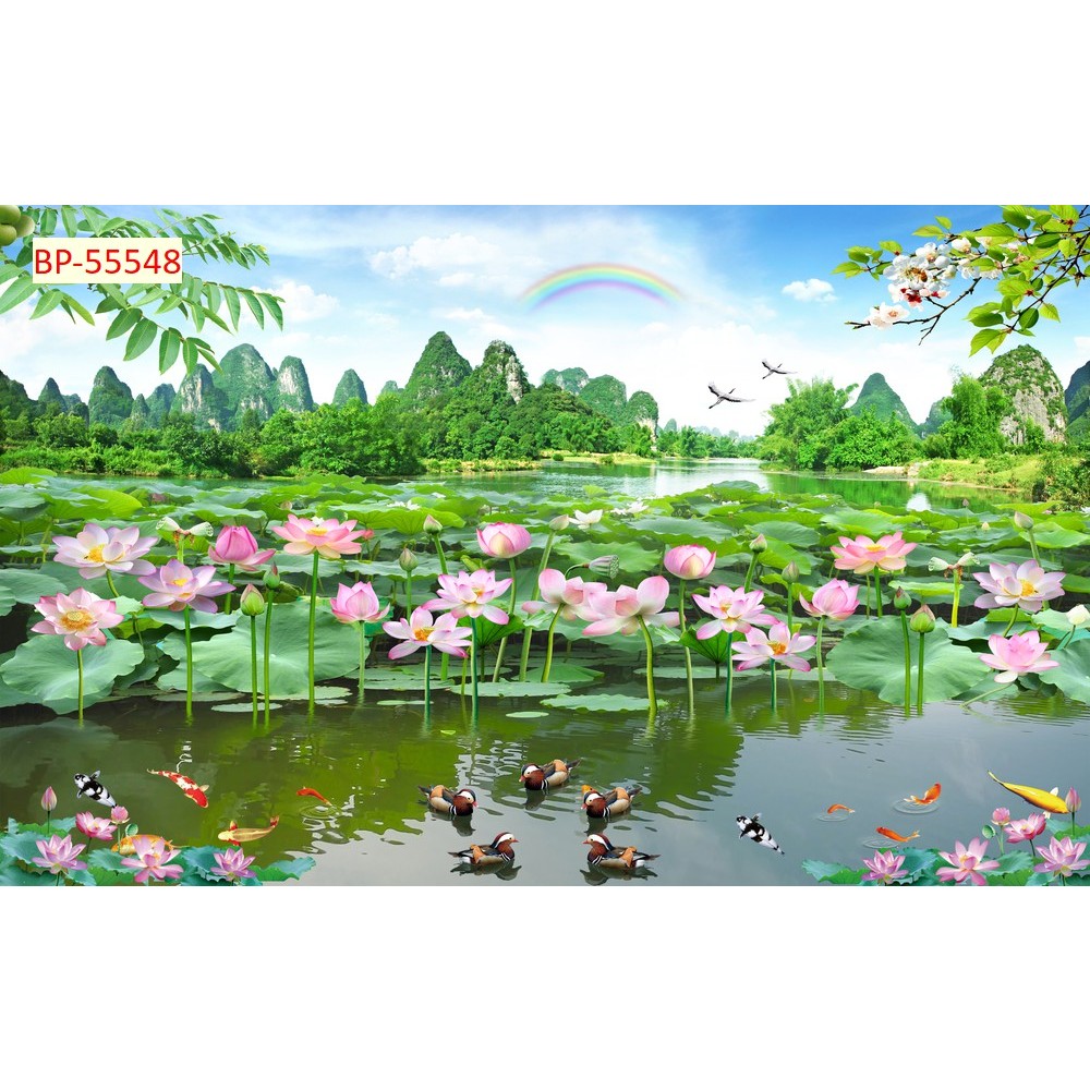 Các mẫu tranh lụa dán tường cao cấp phong thủy cảnh đẹp hồ sen