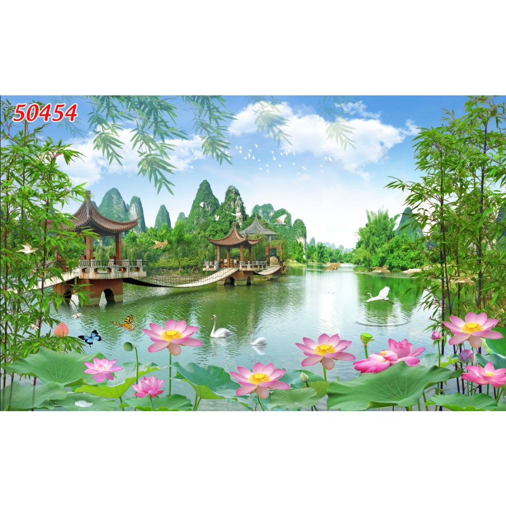 Các mẫu tranh lụa dán tường cao cấp phong thủy cảnh đẹp hồ sen