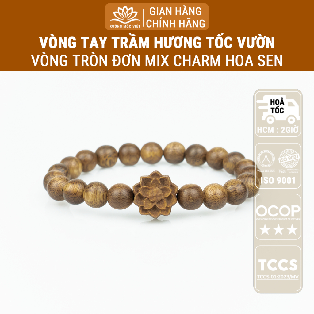 Ảnh Vòng tay trầm hương hạt tròn mix hoa sen Trầm tóc vườn, sánh chìm, tóc kiến tự nhiên -Xưởng Mộc Việt 1