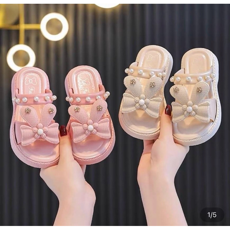 Dép lê 2 quai nơ kèm hạt châu dễ thương chống nước có nơ tai thỏ