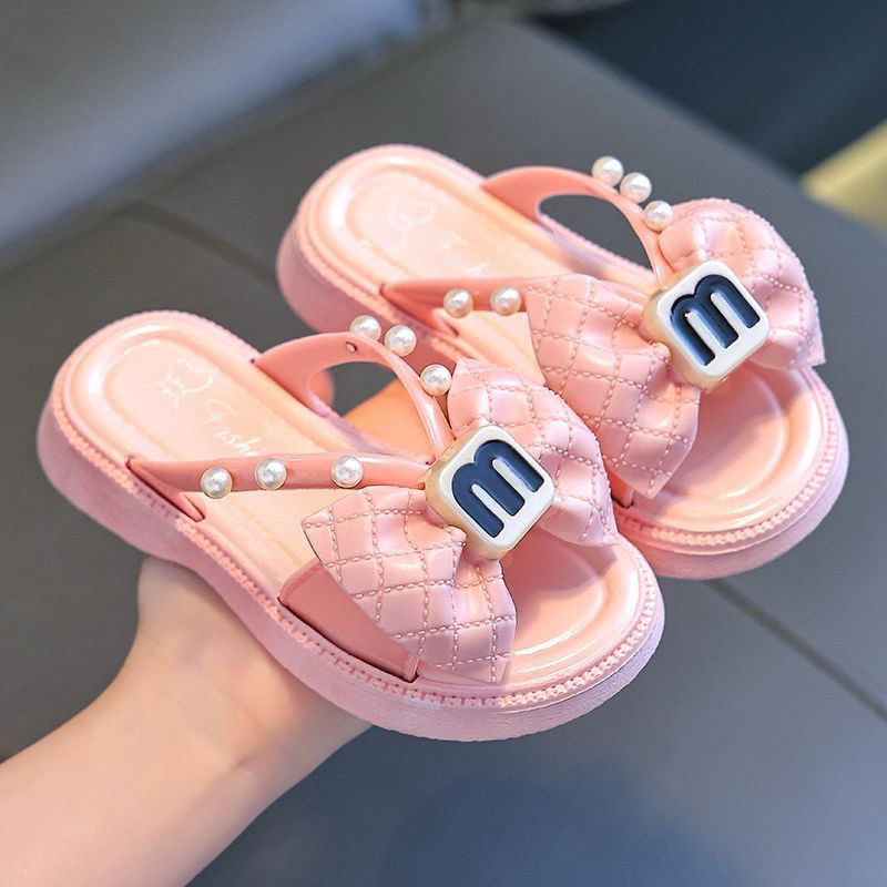 Dép lê quai ngang đính nơ chữ M cho bé gái siêu nhẹ êm chân