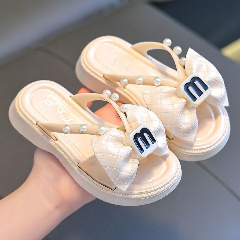 Dép lê quai ngang đính nơ chữ M cho bé gái siêu nhẹ êm chân