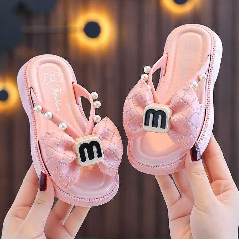 Dép lê quai ngang đính nơ chữ M cho bé gái siêu nhẹ êm chân
