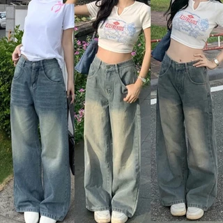 Quần Jean Nữ Ống Suông Lưng Cao Ống Rộng 25-27cm Xanh Wash Mài Retro Chất Vải Dày Dặn Đứng From