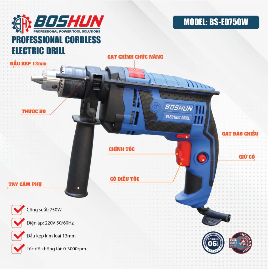 Máy Khoan Điện Có Búa BOSHUN BS-ED750W, Công Suất 750W, Đầu Kẹp 13mm - Có Chỉnh Tốc - Motor Dây Đồng