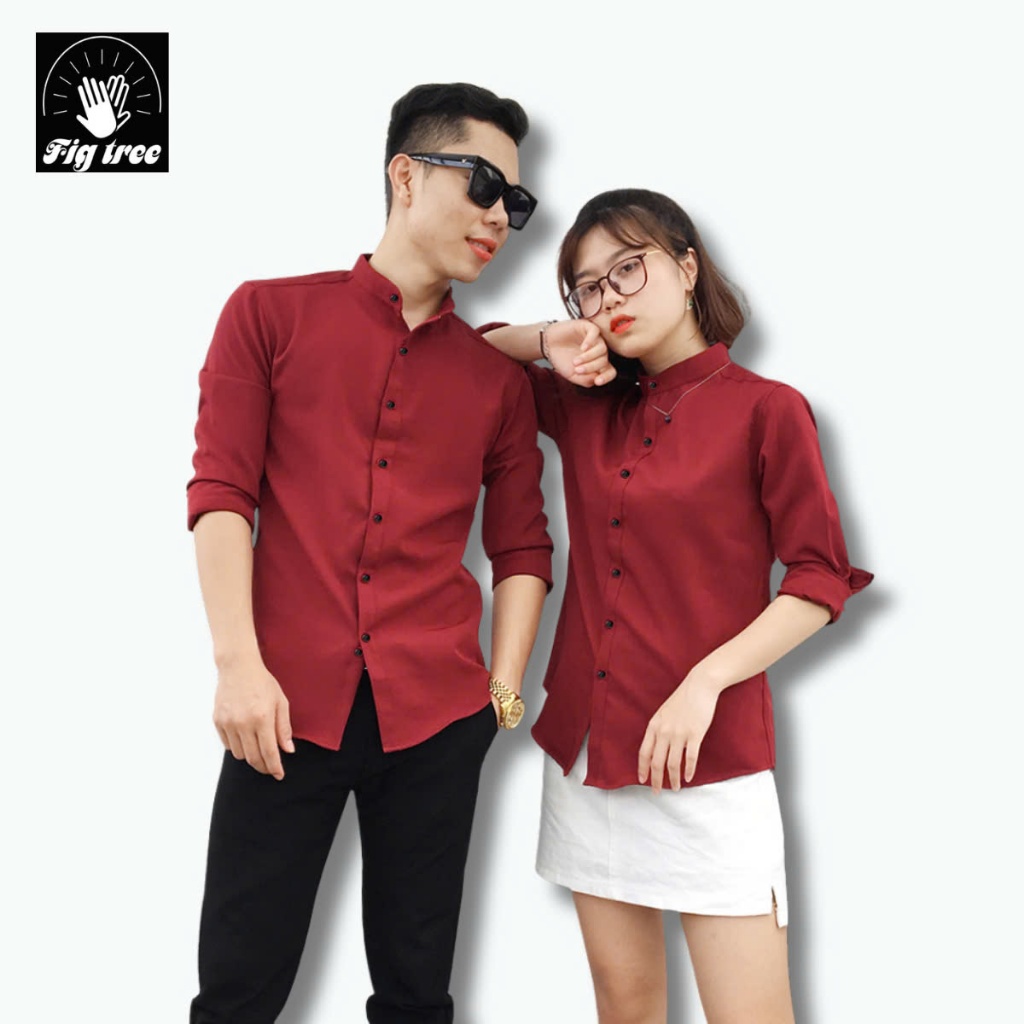 Áo Sơ Mi Cặp, Sơ Mi Cổ Trụ Nam Nũw Fig Tree Màu Đỏ Đô Cổ Trụ Model ( hàng thiết kế, bigsize 110kg)