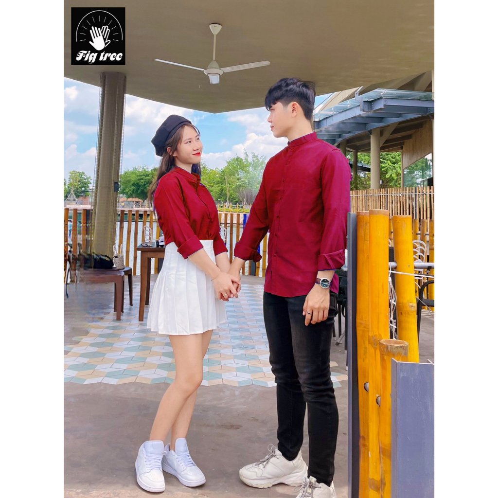 Áo Sơ Mi Cặp, Sơ Mi Cổ Trụ Nam Nũw Fig Tree Màu Đỏ Đô Cổ Trụ Model ( hàng thiết kế, bigsize 110kg)