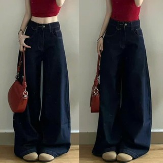 Quần Jeans Nữ Ống Rộng Xanh Đậm 247Store Cạp Cao Tôn Dáng, Viền Chỉ Nổi Cá Tính Mặc Đi Học Đi Làm Đi Chơi