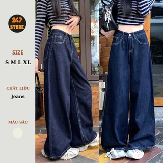 Quần Jeans Ống Rộng Xanh Đậm Viền Chỉ Nổi 247store cạp cao tôn dáng