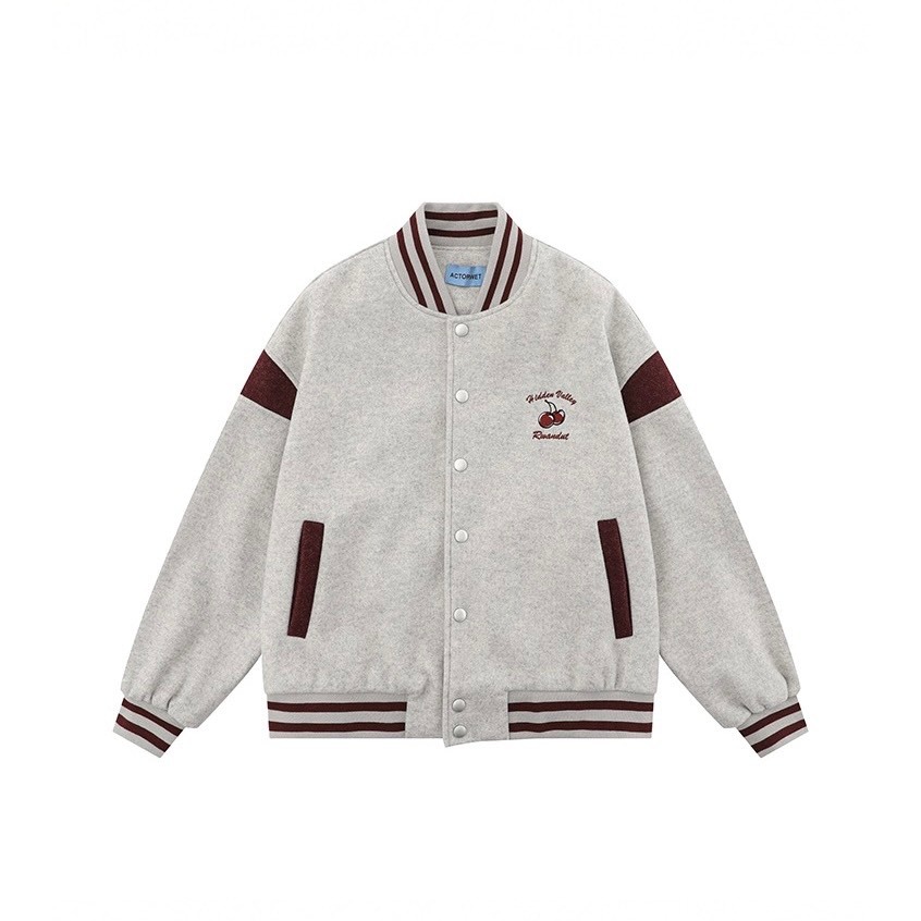 (SẴN)Áo khoác varsity jacket unisex màu ghi trơn viền đỏ họa tiết quả cherry khuy bấm dày dặn bóng chày AK001 - Tiktik