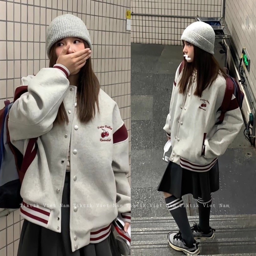 (SẴN)Áo khoác varsity jacket unisex màu ghi trơn viền đỏ họa tiết quả cherry khuy bấm dày dặn bóng chày AK001 - Tiktik
