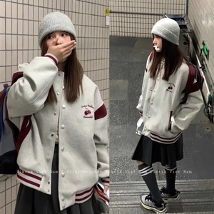Áo khoác varsity jacket unisex màu ghi trơn viền đỏ họa tiết quả cherry khuy bấm dày dặn bóng chày AK001 - Tiktik