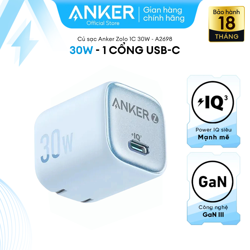 Ảnh Củ sạc nhanh Anker Zolo GaN 30W 1 cổng USB-C Power IQ 3.0 - A2698 Hỗ trợ sạc nhanh từ iphone 8 trở lên 1