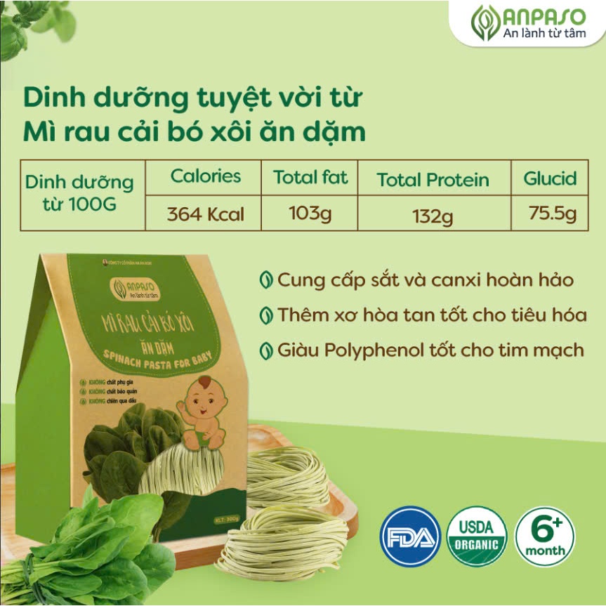 Mì Ăn Dặm cho bé Anpaso từ rau củ hữu cơ - Đồ Ăn Dặm Cho Bé 6 Tháng tuổi Bổ Sung Vitamin, Chất Xơ