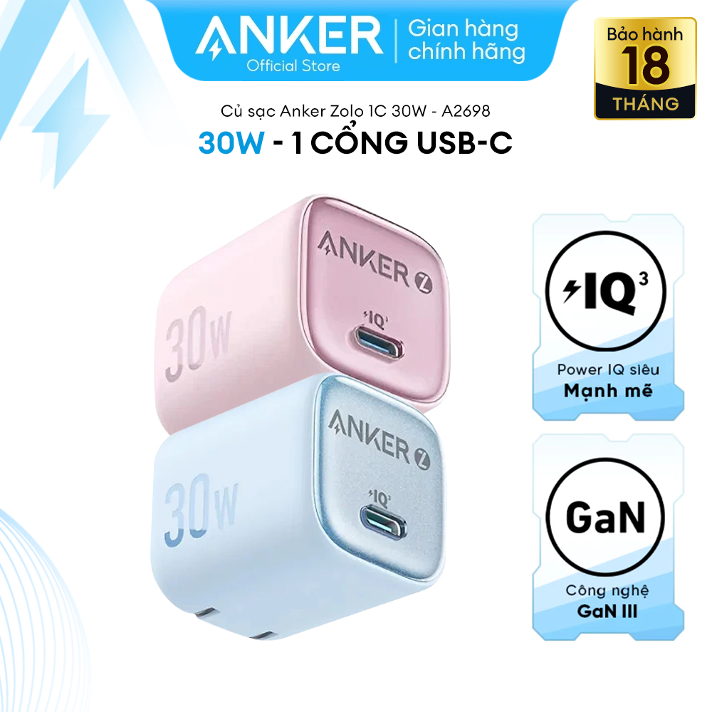 Củ sạc nhanh Anker Zolo GaN 30W 1 cổng USB-C Power IQ 3.0 – A2698 Hỗ trợ sạc nhanh từ iphone 8 trở lên