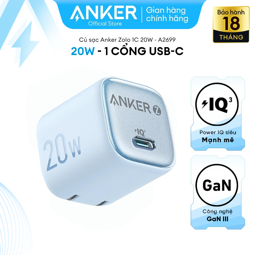 Ảnh Củ sạc nhanh Anker Zolo GaN 20W 1 cổng USB-C, Power IQ 3.0 - A2699 Hỗ trợ sạc nhanh cho Iphone 8 trở lên 2