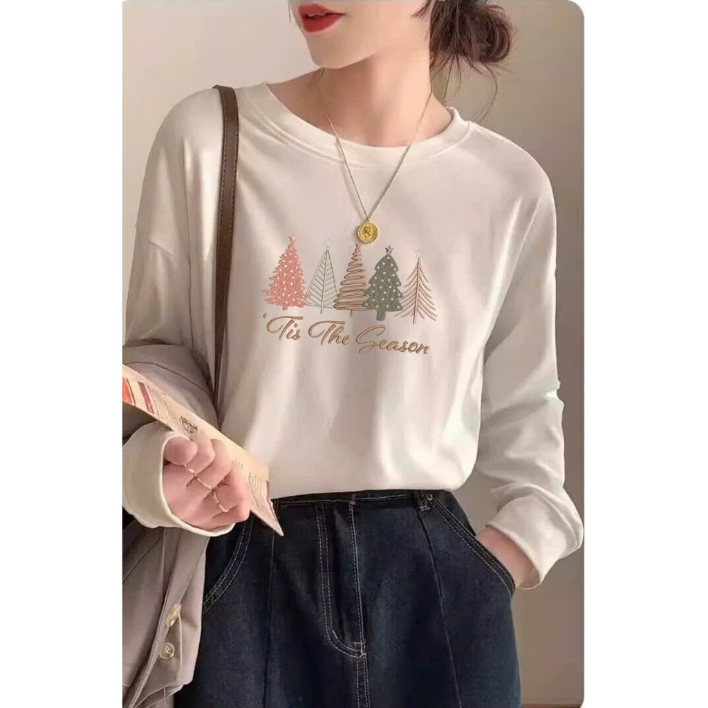 Áo thun Nữ tay dài form rộng bo tay in hình Giáng sinh, Noel JULY FASHION, Áo thun nữ dài tay Chất Cotton 4c chính phẩm