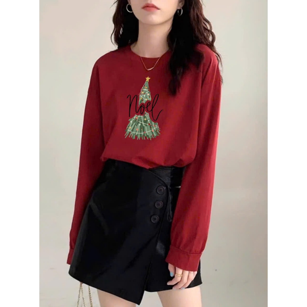 Áo thun Nữ tay dài form rộng bo tay in hình Giáng sinh, Noel JULY FASHION, Áo thun nữ dài tay Chất Cotton 4c chính phẩm
