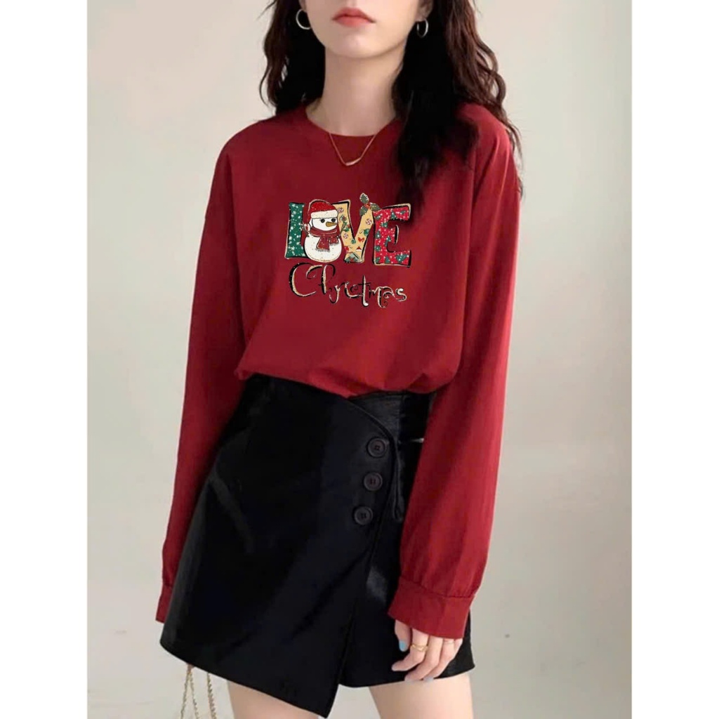 Áo thun Nữ tay dài form rộng bo tay in hình Giáng sinh, Noel JULY FASHION, Áo thun nữ dài tay Chất Cotton 4c chính phẩm