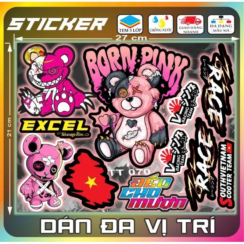 nhãn dán sticker,gấu quỷ( tt070)chữ race, thỏ quái vật, chữ race...dán ...