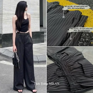 Quần kẻ sọc ống rộng Đen Trắng khuy cài lưng chun thun sau dáng quần ống rộng kẻ túi trước sau vải Tuytsi không nhăn mặc