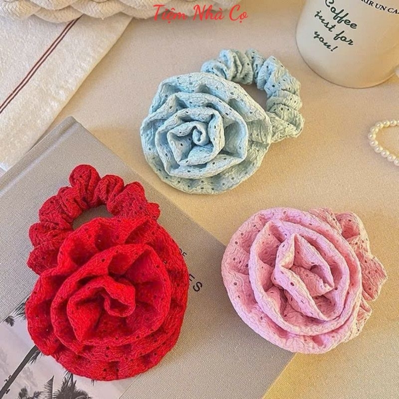 Dây Cột Tóc Scrunchies Bông Hoa Hồng Xinh Xắn Sang Trọng Phong Cách Hàn Quốc Phụ Kiện Tóc Empoli