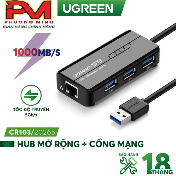 Hub USB ra 3 cổng USB 3.0 + cổng Mạng Gigabit 10/100 /1000Mbps Ugreen ...