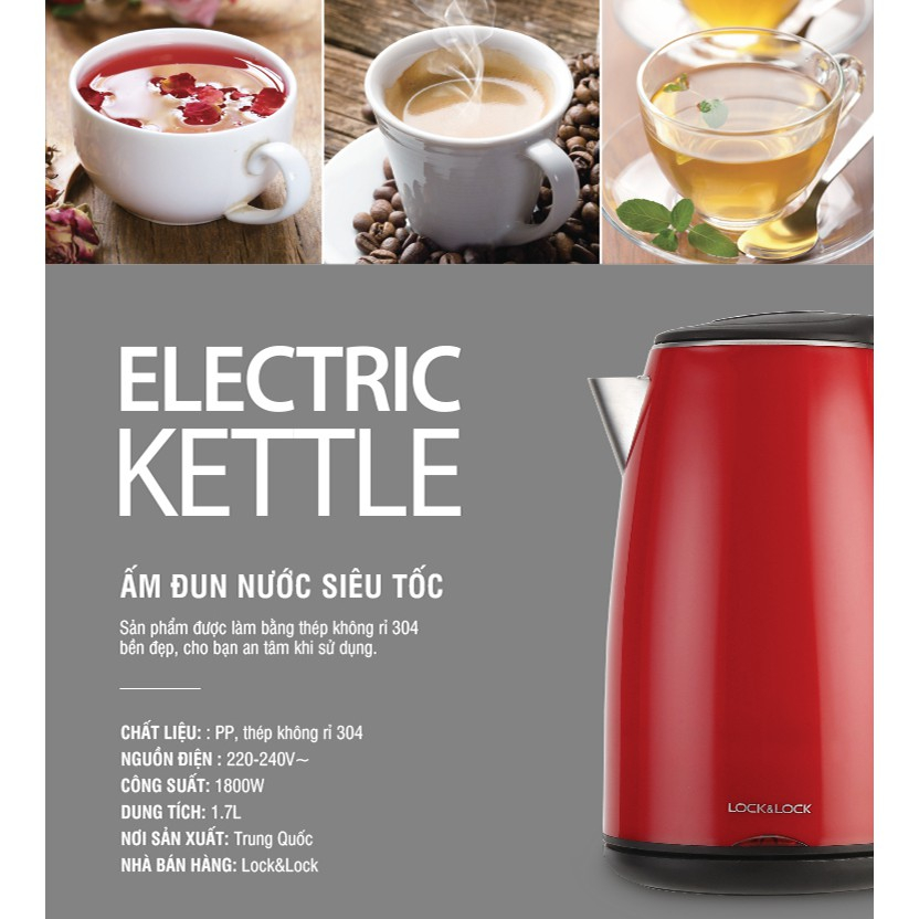 Ấm đun siêu tốc 2 lớp LocknLock Electric Kettle EJK731 2 Màu 1.7L-1800W, đế xoay 360 độ - K-MALL
