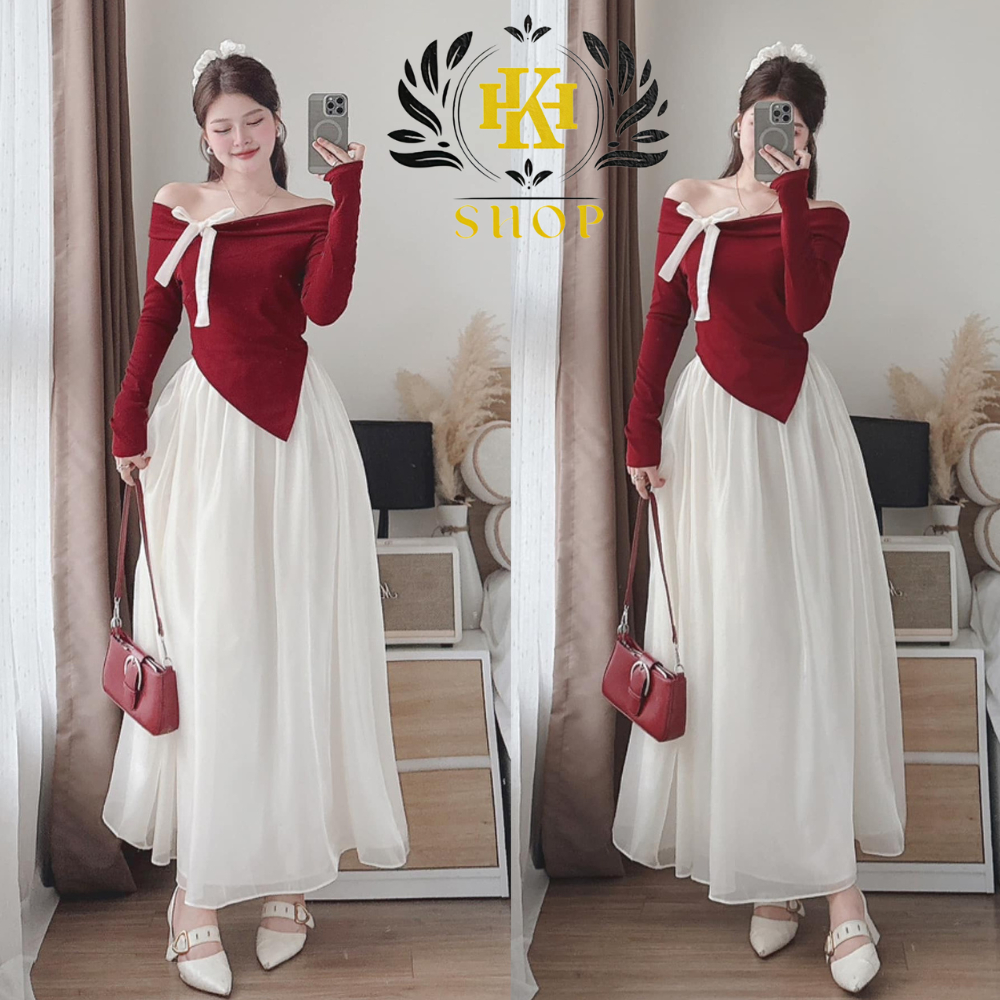 Đầm Dự Tiệc Set Váy Nữ Trễ Vai Đính Nơ Chất Vải Len Tăm Mềm Mại Chân ...