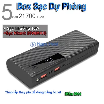 Box sạc dự phòng 5 cell pin 21700 sạc nhanh QC/PD/VOOC 3.0, Sạc không dây 15W tháo lắp bằng ốc vít