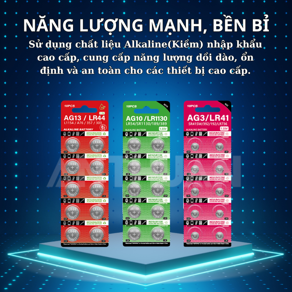 Vỉ 10 Pin cúc áo LR44 AG13 LR1130 AG10 LR41 AG3 LR54 Chất Lượng Cao - Giá Gốc - Số Lượng Lớn