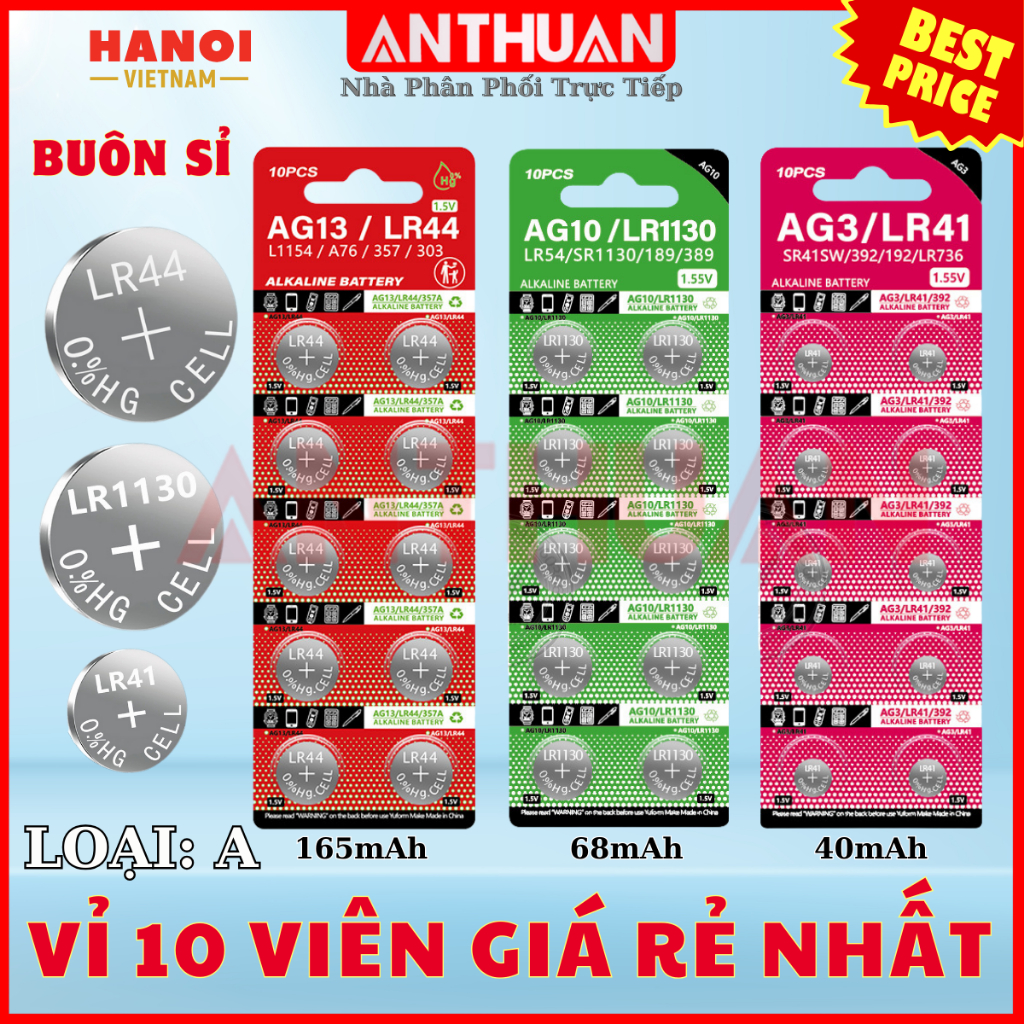 Vỉ 10 Pin cúc áo LR44 AG13 LR1130 AG10 LR41 AG3 LR54 Chất Lượng Cao - Giá Gốc - Số Lượng Lớn
