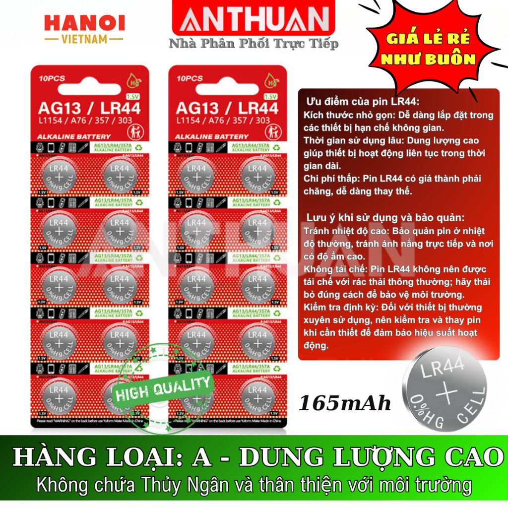 Vỉ 10 Pin cúc áo LR44 AG13 LR1130 AG10 LR41 AG3 LR54 Chất Lượng Cao - Giá Gốc - Số Lượng Lớn